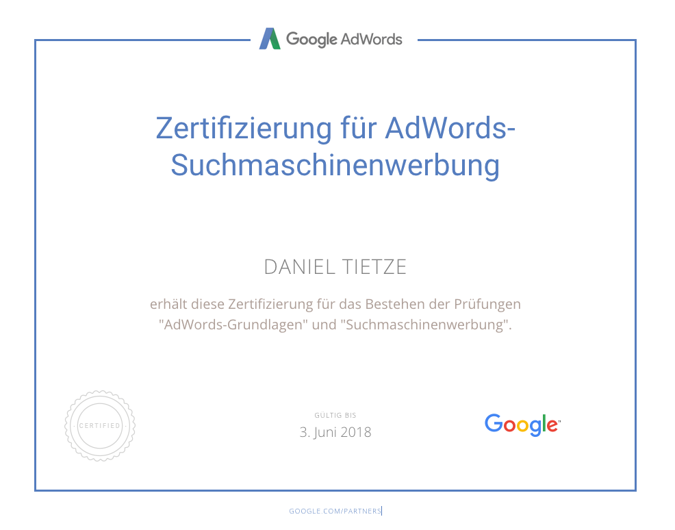 Zertifizierung für AdWords-Suchmaschinenwerbung für Daniel Tietze