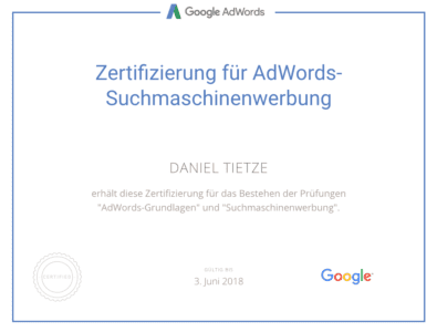 Zertifizierung für AdWords-Suchmaschinenwerbung für Daniel Tietze.