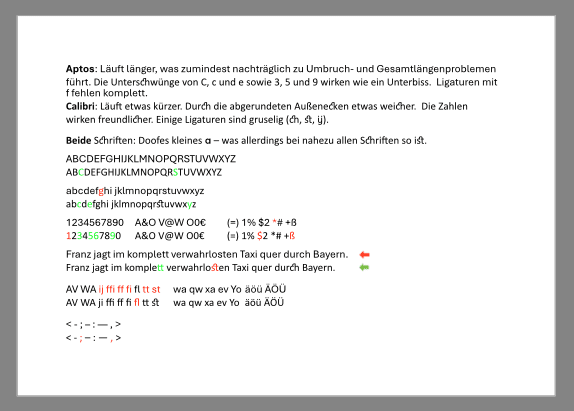 Die Fonts Aptos und Calibri in sehr kleinem Schriftgrad: Besonders die Beispieltextzeile „Franz jagt …“ zeigt den Unterschied. 