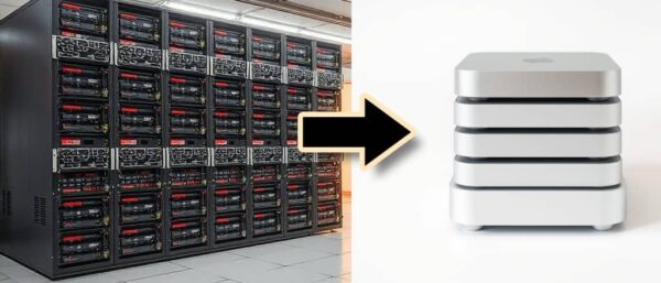 Links viele Große Rack-Server. Ein Pfeil nach rechts. Rechts ein paar MacMini oder Mini-PC. Bedeutung: die Rechenleistung früherer Cloud-Server wird inzwischen von ein paar MacMini erbracht, die bequem irgendwo im Unternehmen oder zu Hause stehen können.