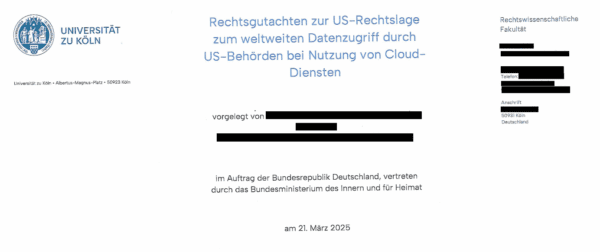 Screenshot des Deckblattes des Rechtsgutachtens über US-Cloud-Anbieter vom Mai 2025.